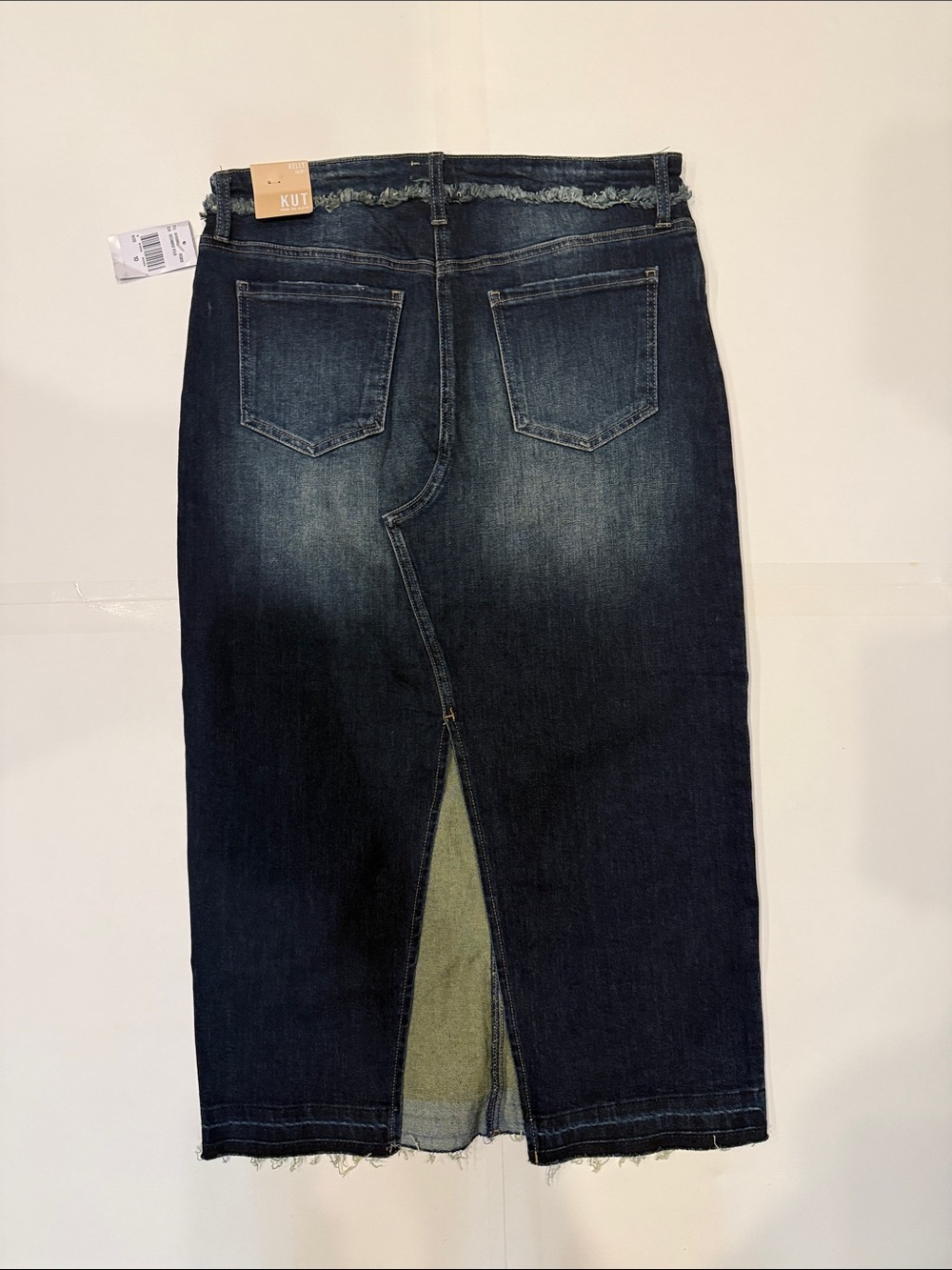 NWT KUT From The Kloth Kelly Denim Maxi Skirt Size 10 Raw Fringe Back High Slit - Picture 3 of 11